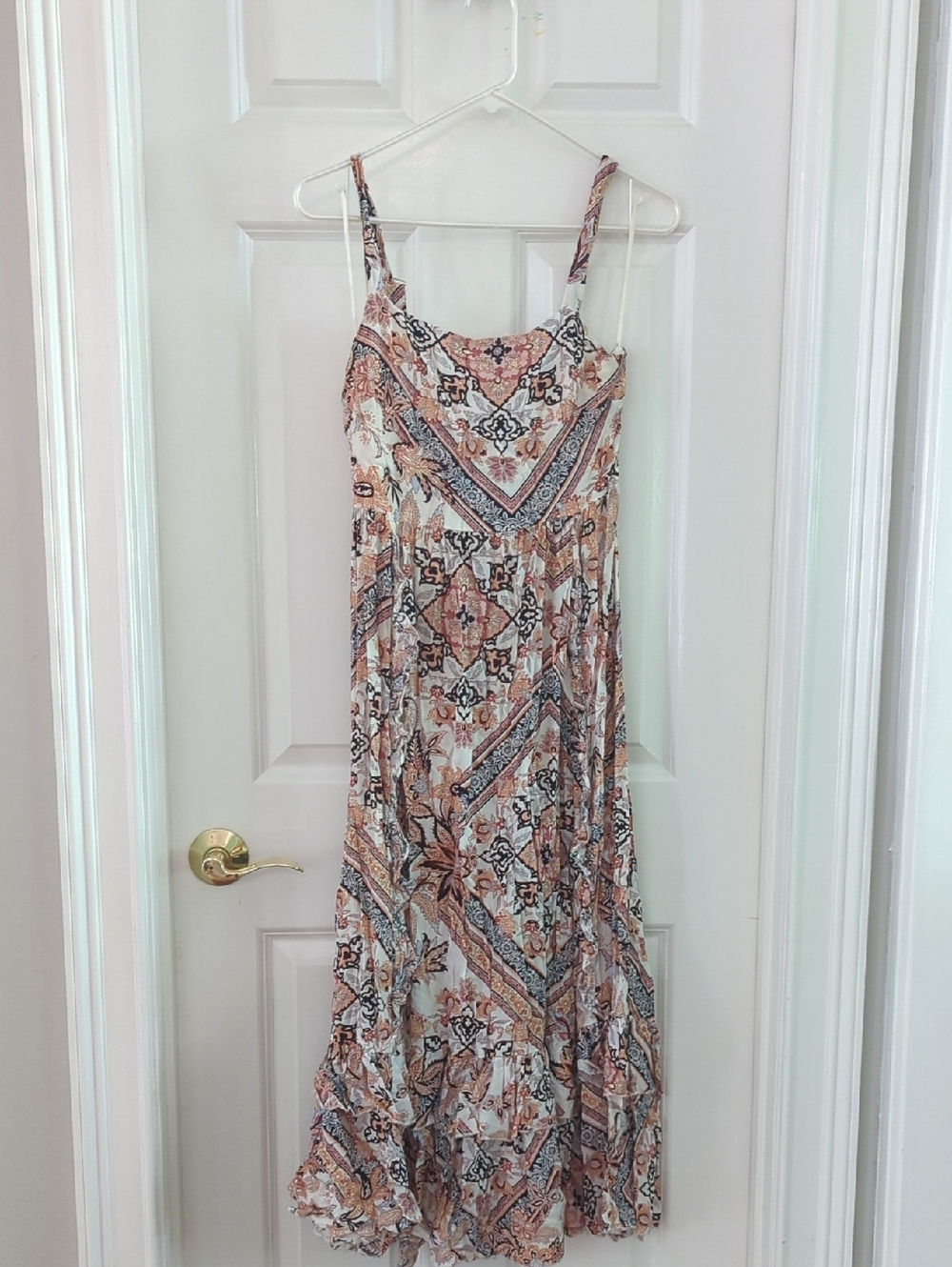 Boho Printed Spaghetti-Strap Maxi Dress in Cream & Rust